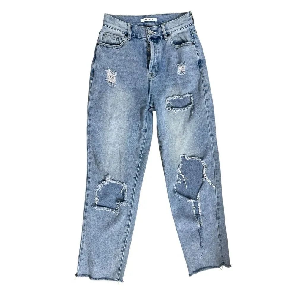 PacSun Women's High Rise Straight Distressed Jeans Button Fly Ripped Size 25